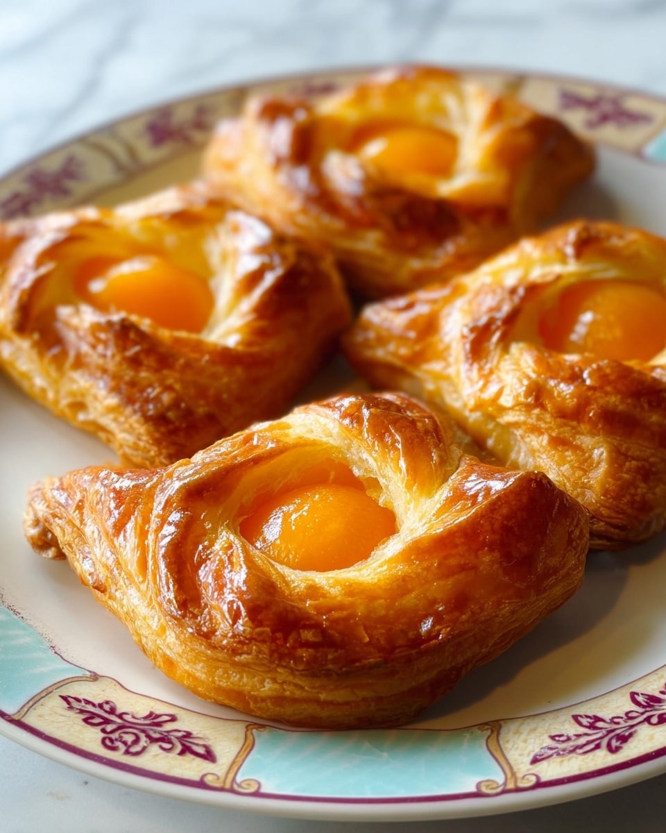 A close-up view of four golden brown puff pastries arranged on a white plate with pastel blue and decorative maroon patterns along the edges, placed on a white marbled surface. Each pastry has a shiny, flaky, and slightly crispy outer layer, folded to create a small pocket in the center holding a bright orange apricot half with a smooth, glossy texture. The pastries show some slight browning on the tips and edges, giving them a warm, freshly baked look, and the apricots appear soft and juicy. photo taken with an iphone --ar 4:5 --v 7