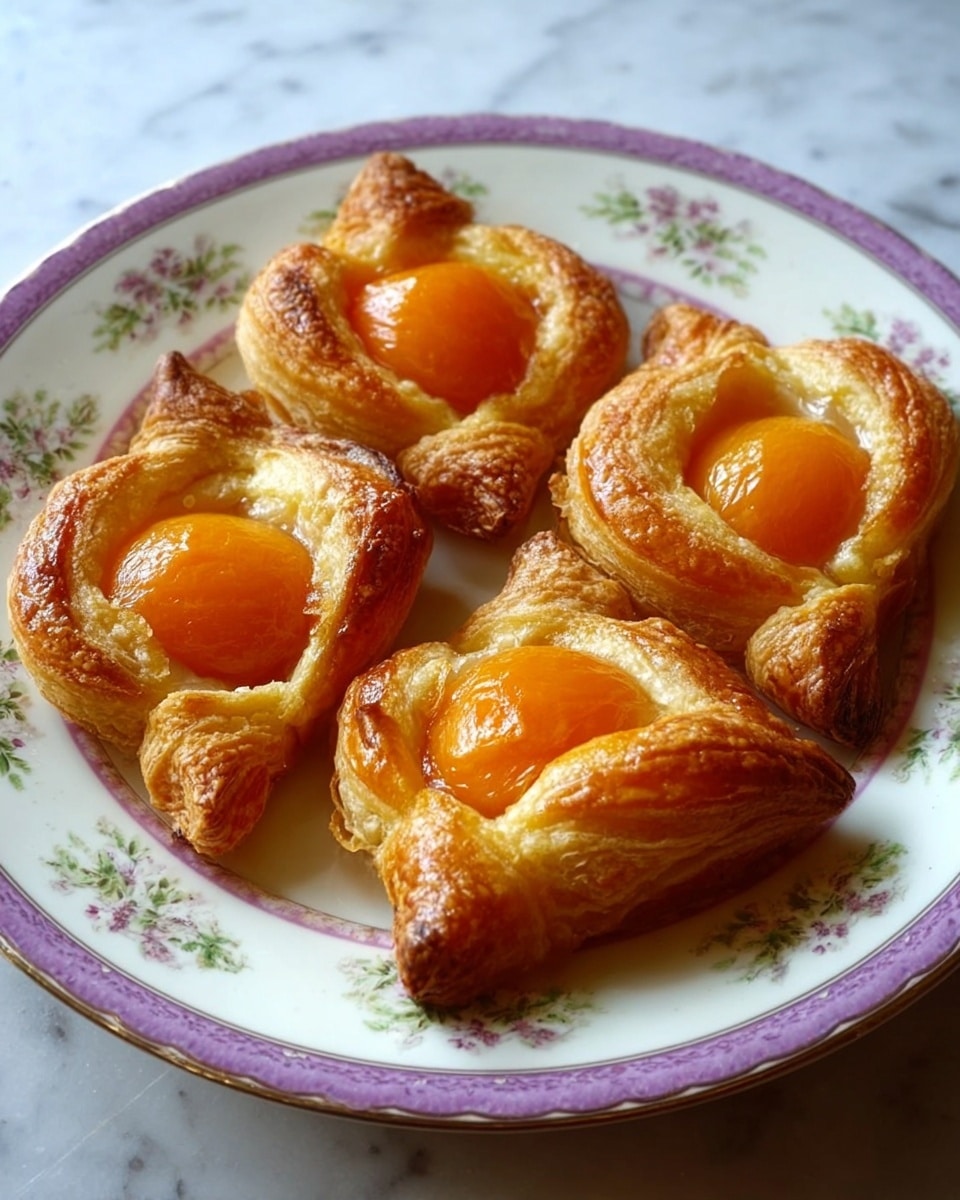 The image shows four small pastries placed on a white plate with a floral pattern and a purple border. Each pastry has a golden-brown, flaky crust shaped like a bow or an envelope, with two round, bright orange halves of apricots placed in the center of each pastry. The apricots have a shiny, slightly glazed texture, creating a contrast with the crispy, matte surface of the crust. The plate is sitting on a white marbled surface. photo taken with an iphone --ar 4:5 --v 7