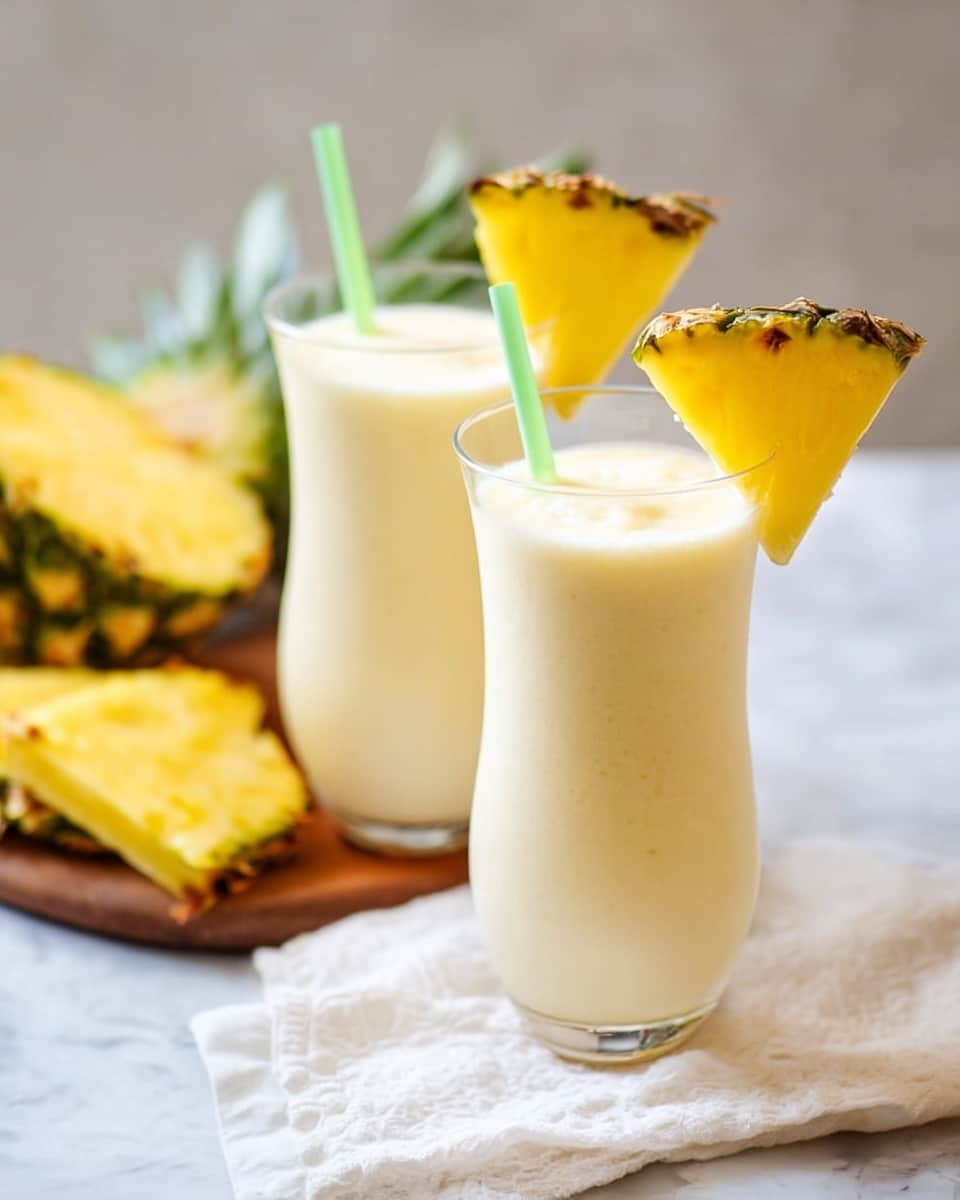 Two tall clear glasses filled with a creamy, pale yellow smoothie are placed on a white marbled surface with a white cloth underneath. Each drink has a small wedge of bright yellow pineapple with a slightly rough green-brown edge attached to the rim. Each glass also has a light green straw sticking out near the pineapple. In the background, there are thick, freshly cut pineapple pieces with vibrant yellow flesh and green edges, resting on a wooden board. The scene is bright and fresh. photo taken with an iphone --ar 4:5 --v 7