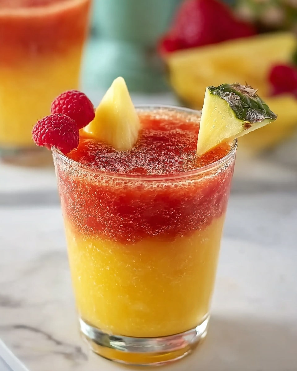 A clear glass filled with a two-layer tropical drink sits on a white marbled surface; the bottom layer is bright yellow with a smooth texture, likely pineapple juice, topped by a thick red-orange layer with a slightly chunky texture, possibly strawberry or raspberry puree. The drink is decorated with a fresh pineapple wedge on the rim and a small triangular pineapple piece floating in the red-orange layer. Two fresh raspberries rest on the rim in the background. The scene has a bright, fresh feel with a blurred background showing another similar glass and parts of colorful items. photo taken with an iphone --ar 4:5 --v 7