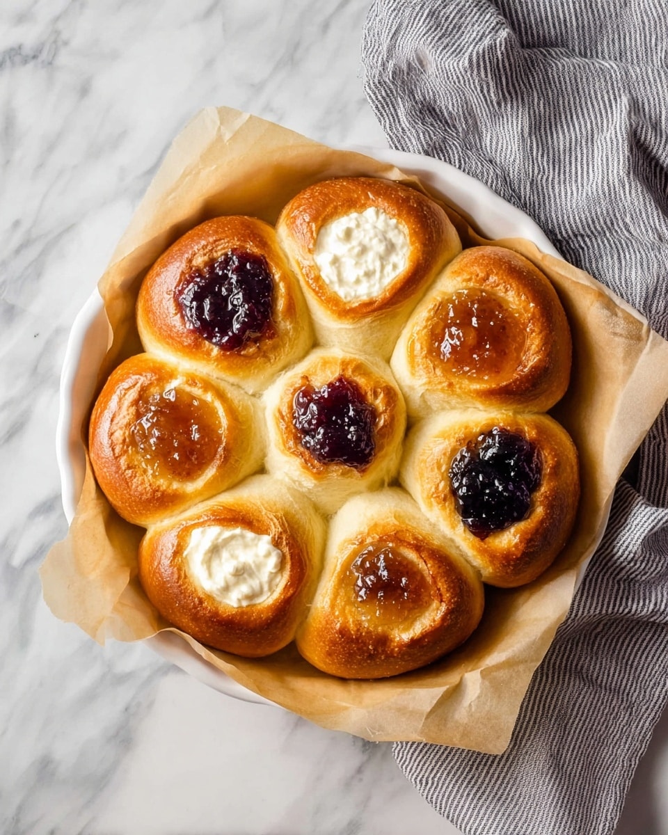 A round white dish holds a ring of twelve golden-brown bread rolls arranged in a flower shape, each roll has a thick dollop of jelly or cream in the center. The toppings alternate between dark purple jelly, light brown jelly, and white cream, creating a nice color contrast on the shiny, warm bread. The bread looks soft and fluffy with a slightly crisp and golden crust. The rolls rest on brown parchment paper lining the dish, placed on a white marbled surface with a folded gray striped cloth nearby. photo taken with an iphone --ar 4:5 --v 7