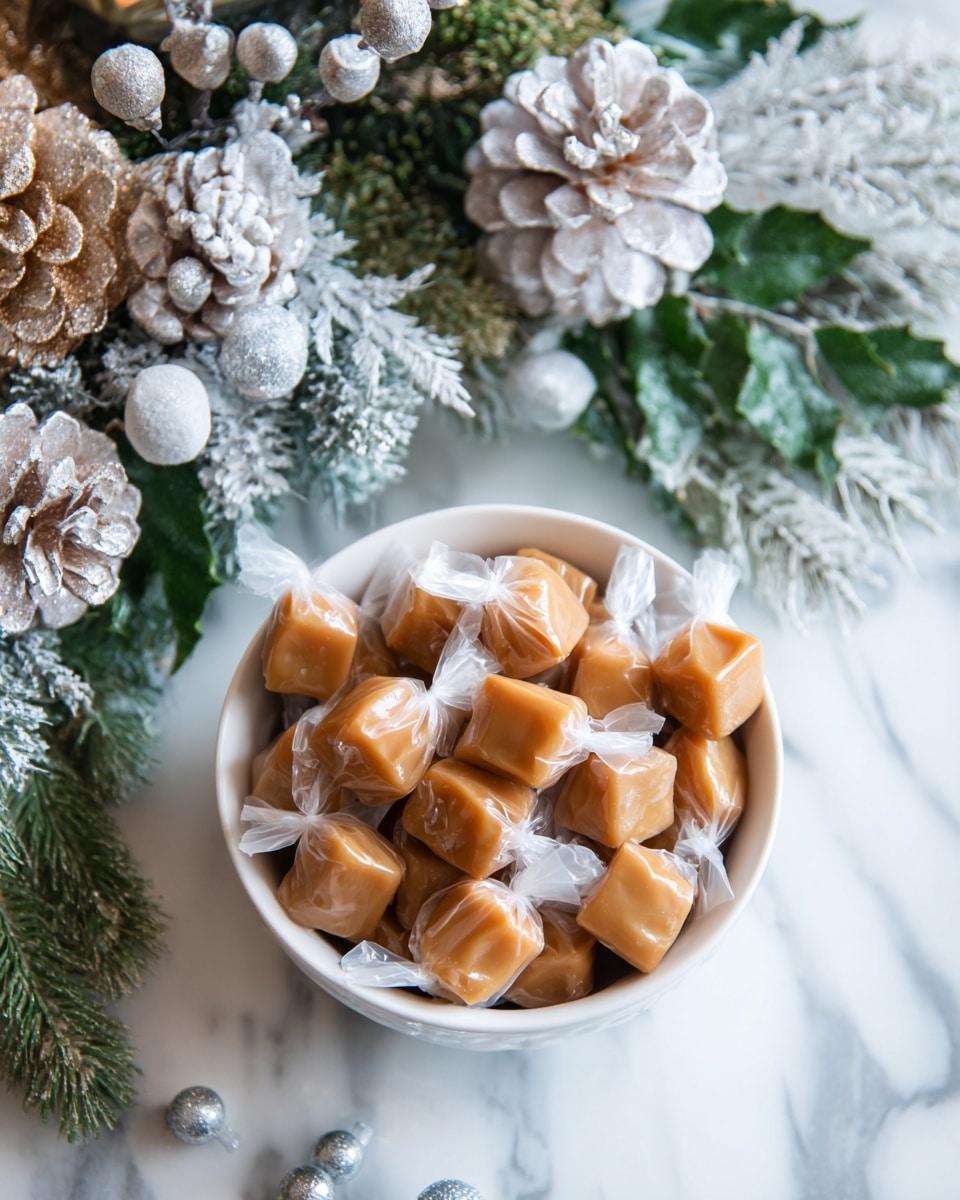 A white bowl is filled with dozens of small caramel-colored candies wrapped in a light brown paper twisted at both ends, creating a smooth, slightly shiny texture. The candies are piled up loosely and fill the bowl about halfway. Around the bowl, there is a cozy holiday decoration made from dark green pine branches mixed with delicate white frosted elements, pinecones dusted with white snow-like powder, and shiny silver berries, all placed on a white marbled surface that gives a clean, bright look. photo taken with an iphone --ar 4:5 --v 7