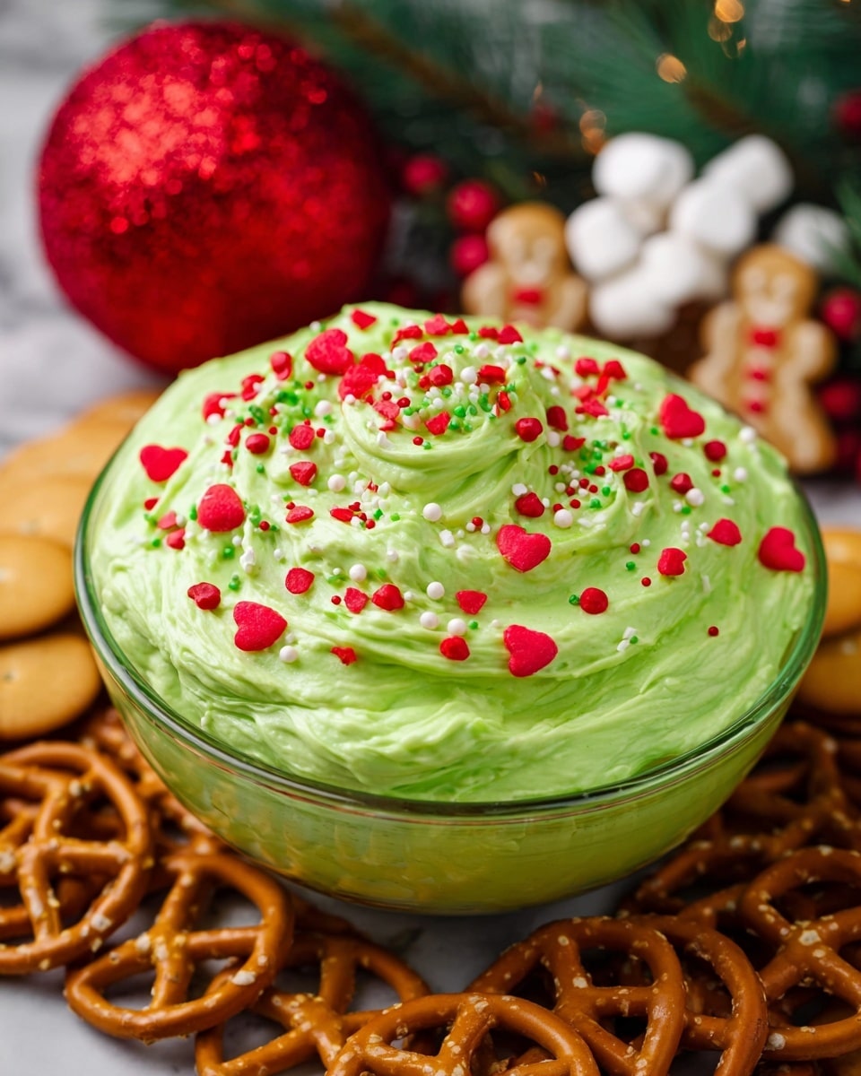 A clear glass bowl filled with a bright green creamy dip with a thick, swirled texture on top. The dip is decorated with red heart-shaped and small round sprinkles scattered all over the surface. Surrounding the bowl at the bottom are golden pretzels with a shiny, salted surface. In the blurred background, there are round crackers, a few gingerbread cookies, some white mini marshmallows, and holiday greenery with a round, glittery red ornament. The scene is set on a white marbled texture surface. photo taken with an iphone --ar 4:5 --v 7