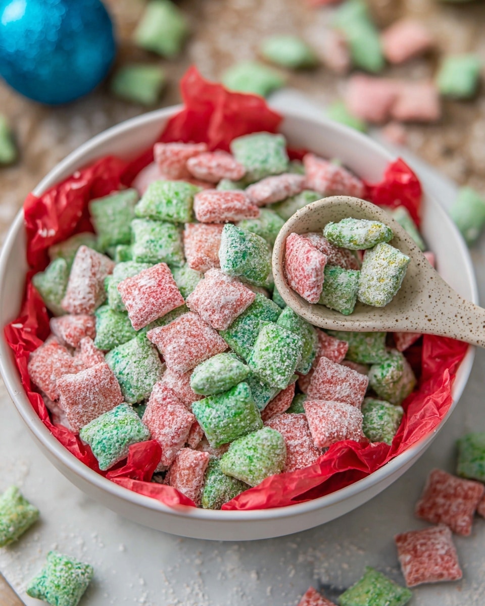 The image shows a white bowl filled with two-layered green and pink square cereal pieces covered lightly with white powder. The bowl is lined with crumpled red tissue paper that adds a bright contrast to the cereal colors. A beige speckled spoon scoops part of the cereal from the bowl, positioned on the right side. The bowl rests on a white marbled surface with scattered cereal pieces and a blurred blue round object in the background. Photo taken with an iphone --ar 4:5 --v 7