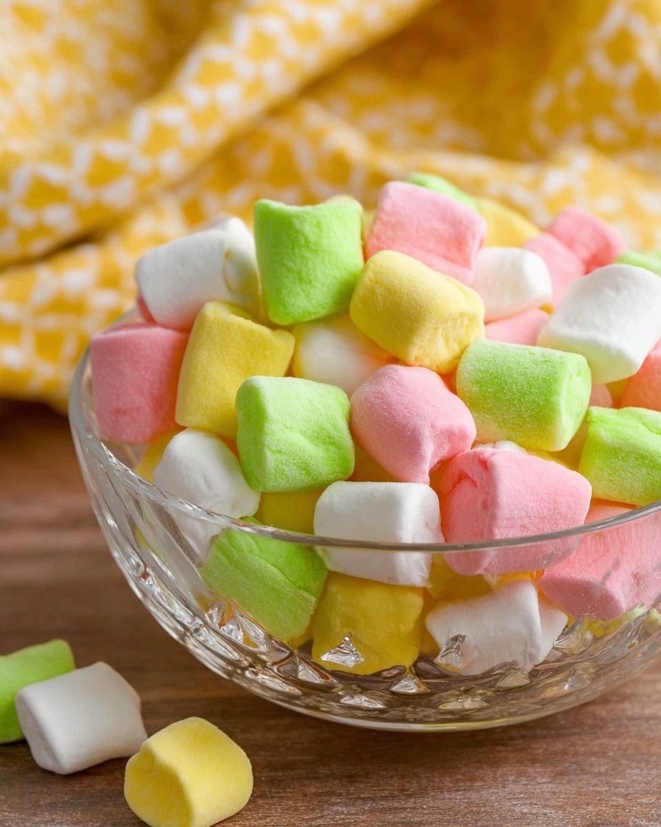 A close-up view of a clear glass bowl filled with small, colorful candy pieces. The candies are in several colors, including bright green, white, yellow, and pink. They have a soft, slightly uneven texture like marshmallows or taffy and are cut into small, rounded chunks. The bowl is placed on a light brown wooden surface, and there is a yellow cloth with white patterns softly blurred in the background. A few candy pieces are scattered just outside the bowl. photo taken with an iphone --ar 4:5 --v 7