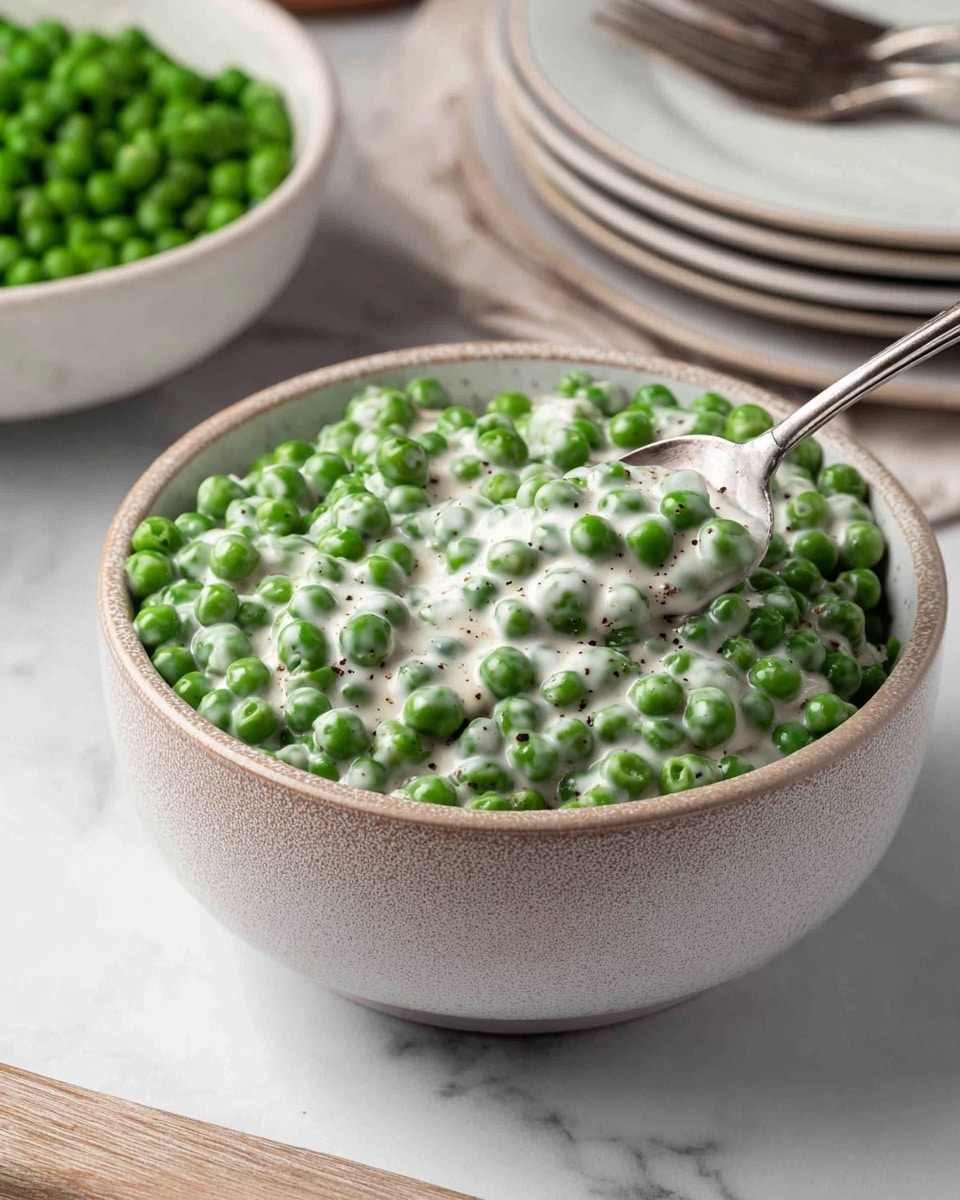 A bowl filled with bright green peas covered in a creamy white sauce with visible specks of black pepper, the peas appear fresh and plump, the bowl is white on the bottom and has a light brown textured upper half, a metal spoon rests inside the bowl scooping some of the peas and sauce, in the background there are more green peas in a white bowl and stacked white plates with forks on top, all set on a white marbled surface. photo taken with an iphone --ar 4:5 --v 7