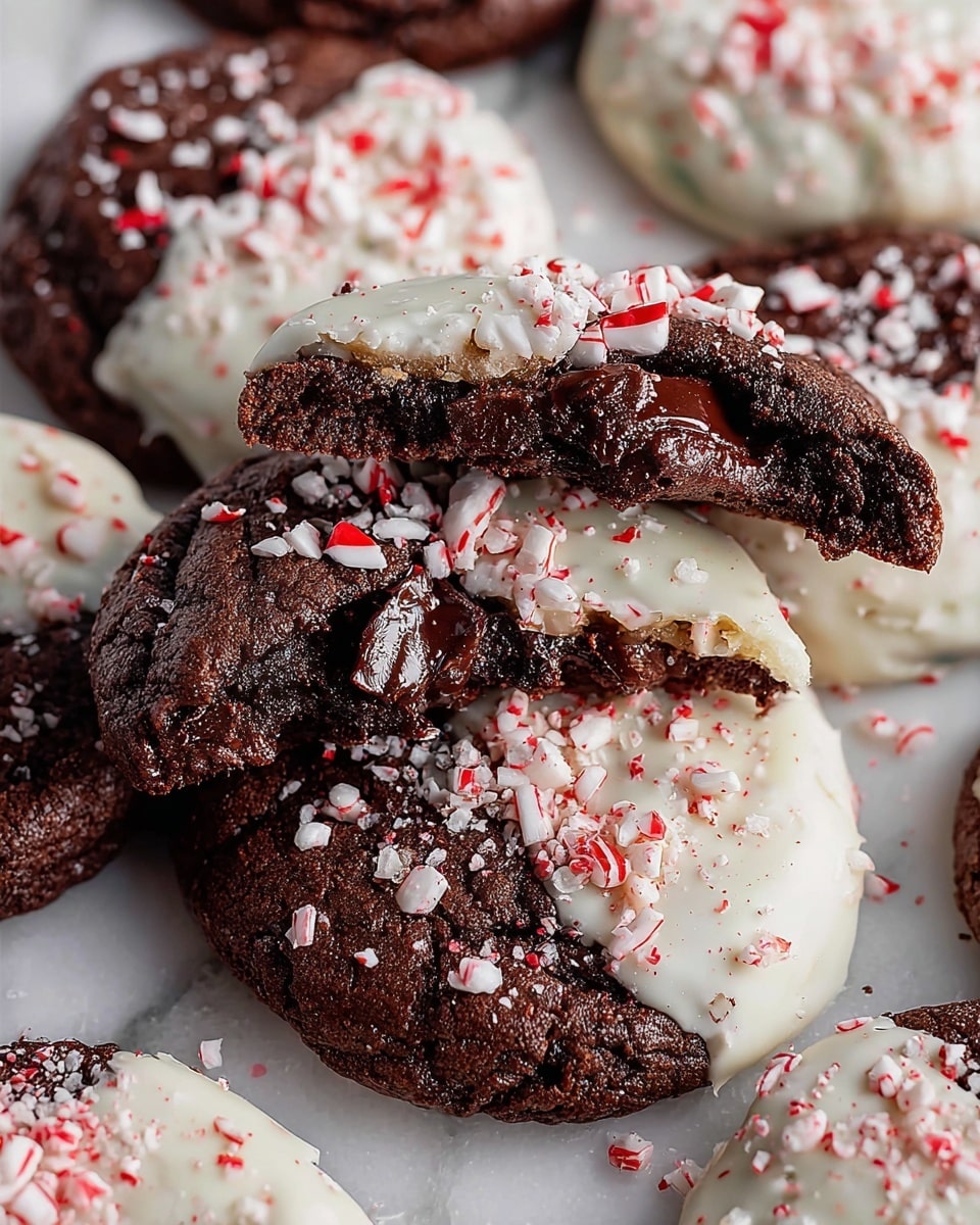 A close-up of several round chocolate cookies with a cracked surface, each partially dipped on one side in white chocolate. The white chocolate is sprinkled with small pieces of crushed red and white peppermint candy. One cookie is broken in half in the center, showing a soft, gooey, dark chocolate inside with melted chunks. The cookies are stacked closely together on a white marbled surface. photo taken with an iphone --ar 4:5 --v 7