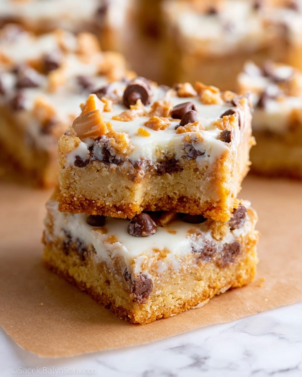 The image shows two square dessert bars stacked on a sheet of parchment paper over a white marbled surface. Each bar has two main layers: the bottom layer is a thick, crumbly golden-brown base, while the top layer is a creamy white frosting or glaze loaded with scattered chocolate chips and small toffee bits adding texture and color contrast. The bars appear moist with a slightly rough texture on the outer edges, and the top bar has a bite taken out of one corner, revealing the soft inside and layered structure. In the blurry background, more similar bars are scattered, placed directly on the white marbled surface. Photo taken with an iphone --ar 4:5 --v 7