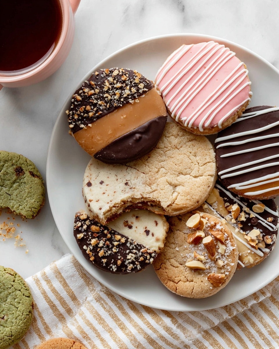 A white plate holds six cookies arranged in a circle on a white marbled texture with a beige and white striped cloth underneath. Starting from the top left, there is a round cookie half-coated in dark chocolate and sprinkled with chopped nuts, with a layer of caramel next to the chocolate. Next is a pink round cookie decorated with thin white icing lines across the top. Below it is a brown cookie partially covered in dark chocolate and caramel with chopped nuts on the chocolate side. At the bottom right, there is a light brown cookie with sugar crystals and small pieces of nuts on top. In the center, there is a round, beige cookie with dark specks, drizzled with white and dark chocolate lines. On the left, a half-eaten green cookie with chocolate chips is half-covered in dark chocolate. A pink cup of hot chocolate sits just off to the upper left. photo taken with an iphone --ar 4:5 --v 7