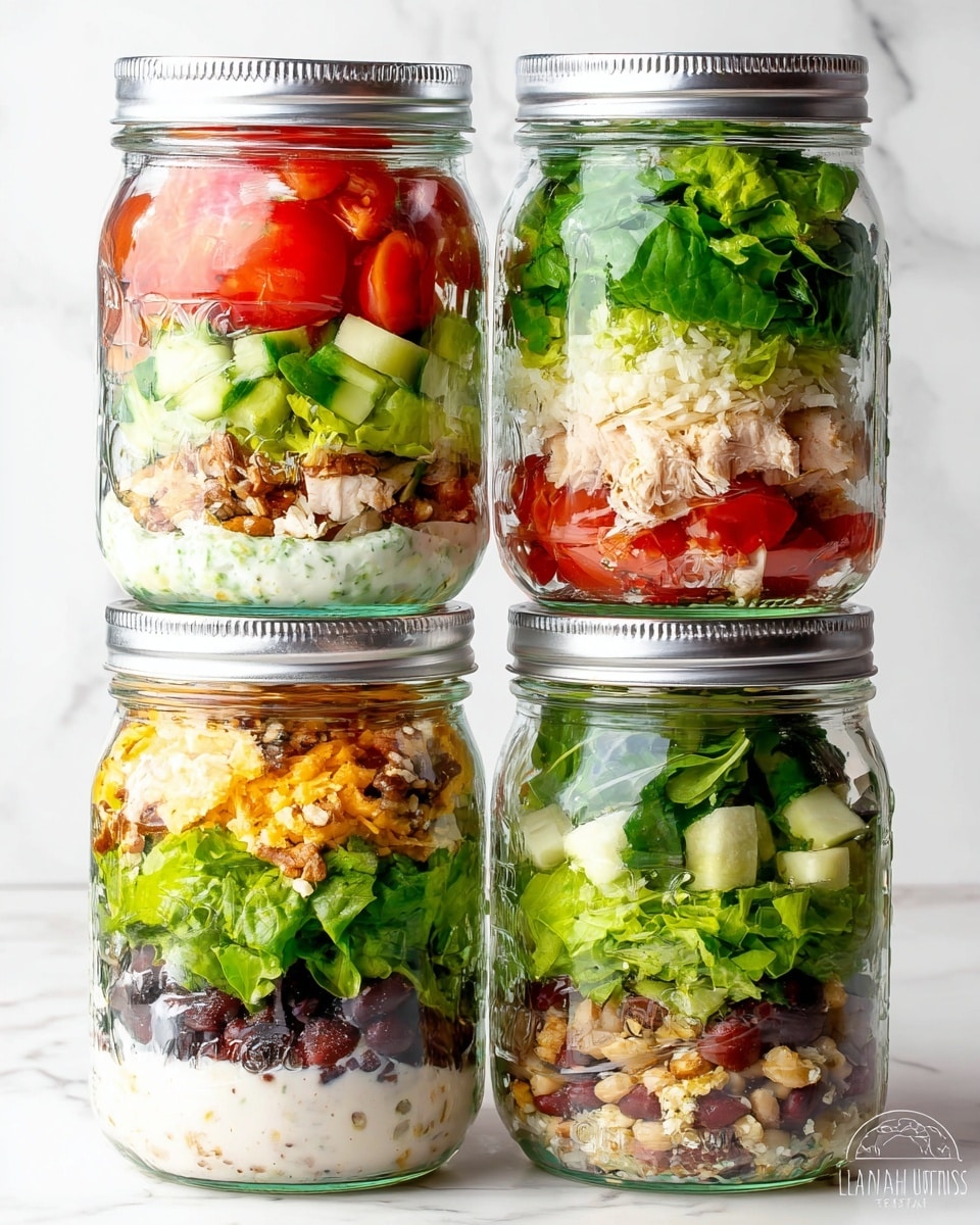 Six clear glass jars are stacked in two rows of three, each showing colorful layered salads inside. The bottom layers vary: some have creamy white dressings, others hold chopped cucumbers or black beans with rice. Above these lie bright red cherry tomato halves, chunks of chicken, and small cubes of cheese with nuts in some jars. All jars have a top layer of green lettuce or spinach, creating a fresh contrast of colors. The jars have silver lids on the top row, and the whole arrangement sits against a white marbled texture. Photo taken with an iphone --ar 4:5 --v 7
