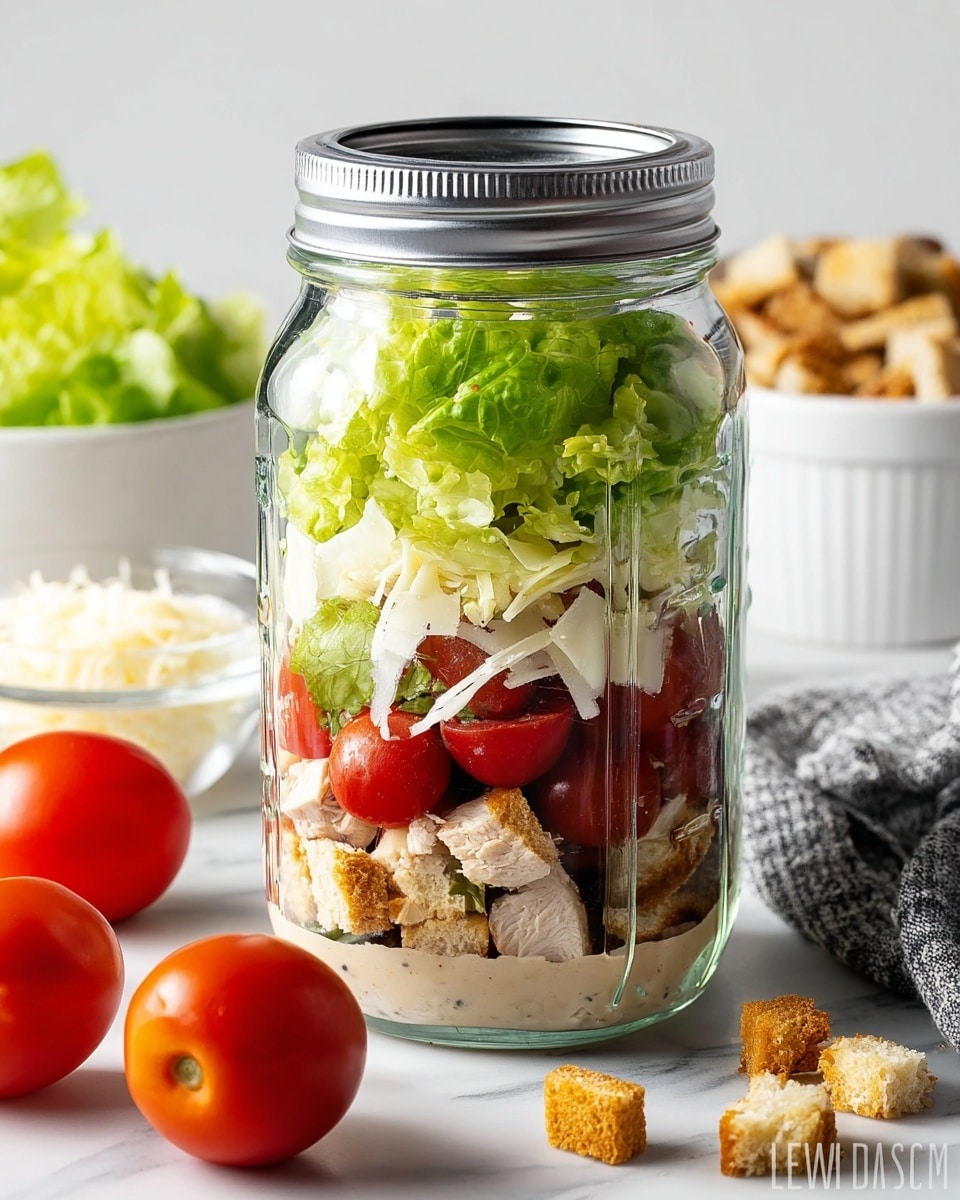 A clear glass jar with a silver lid shows five visible layers of a salad. The bottom layer is a creamy beige dressing, followed by pieces of light brown grilled chicken. Above the chicken are bright red cherry tomatoes, some halved, with white shredded cheese sprinkled on top. Next is a layer of crunchy light brown croutons, and the final top layer is made of large green fresh lettuce leaves. The jar sits on a white marbled surface with two whole red tomatoes in front, a small white bowl of chicken pieces, a white bowl with green lettuce in the background, and a small white bowl with shredded cheese near a gray cloth. Photo taken with an iphone --ar 4:5 --v 7