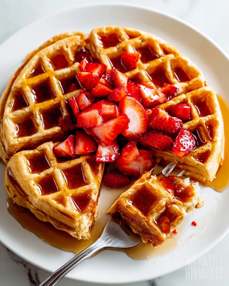A single golden brown waffle with a thick, crisp texture is served on a white plate. The waffle has deep square pockets filled with syrup that glistens in the light. On top, there are bright red, chopped strawberries scattered across and a fan of sliced strawberry pieces placed near the center. A fork on the right holds a bite-sized piece of waffle topped with syrup and strawberry chunks. The background shows a white marbled texture. photo taken with an iphone --ar 4:5 --v 7