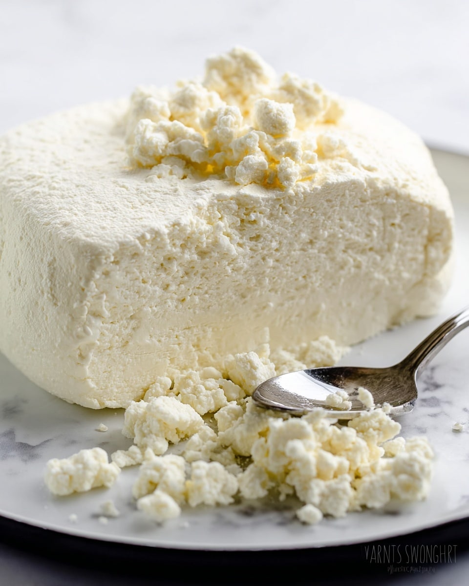 A close-up image of a soft, creamy white cheese with a smooth outer layer and a crumbly textured inside layer, placed on a white plate; small crumbles of the cheese are scattered in front of the main block with some resting on a silver spoon on the right side of the plate, all set on a white marbled surface. photo taken with an iphone --ar 4:5 --v 7