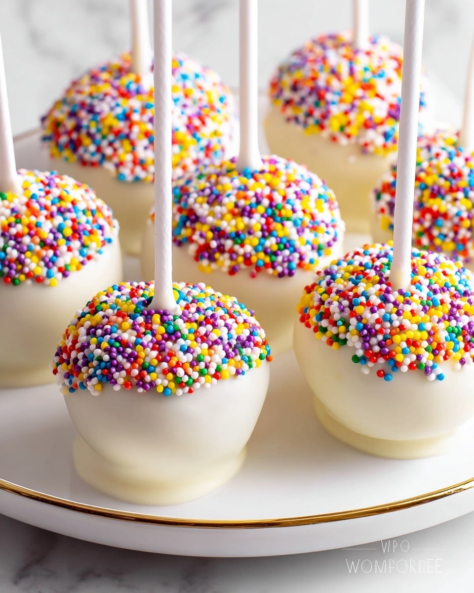 Round cake pops covered with smooth white coating, each one dipped halfway at the bottom in tiny round colorful sprinkles in red, yellow, blue, green, purple, and white. The top part is plain white and shiny, with a white stick inserted vertically in the center of each cake pop. They are placed close together on a white plate with a thin gold rim, all set on a white marbled texture surface. photo taken with an iphone --ar 4:5 --v 7