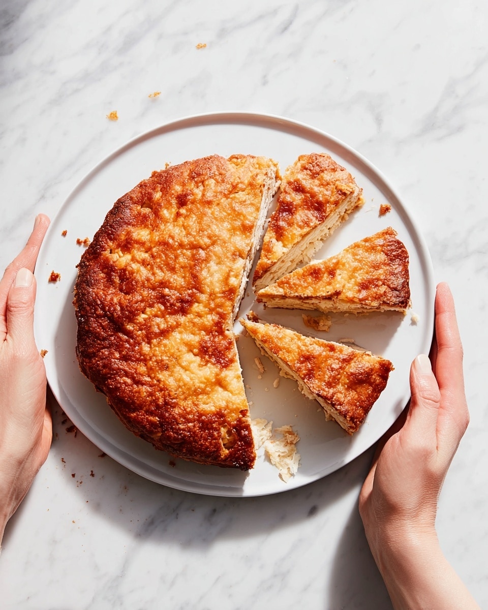 A round, golden-brown pastry with a textured, crispy crust sits on a white plate, placed on a white marbled surface. The pastry is cut into five pieces, showing its layered inside with a light beige, flaky texture. Two slices are slightly tilted to reveal the layers, while the rest remain together, forming a crescent shape. Woman’s hands hold the plate from the top right and bottom sides, with visible light skin tone and neatly manicured nails. Small crumbs are scattered around the plate edges. Photo taken with an iphone --ar 4:5 --v 7