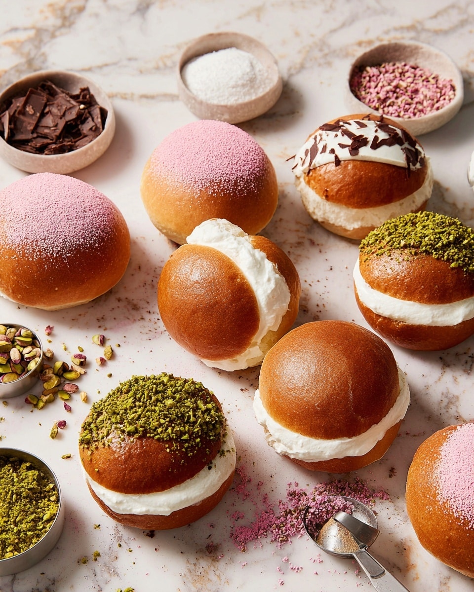The image shows several round golden brown buns with a smooth, shiny surface placed on a white marbled texture. Each bun is sliced open in the middle to reveal a thick layer of white cream filling. Some buns have the cream coated with pink powder on top, others are decorated with finely chopped green pistachios covering the cream, and a few have chocolate shavings arranged on the cream layer. Around the buns are small bowls and a measuring cup holding more chocolate shavings, pistachios, and pink powder, creating a neat and colorful arrangement. Photo taken with an iphone --ar 4:5 --v 7
