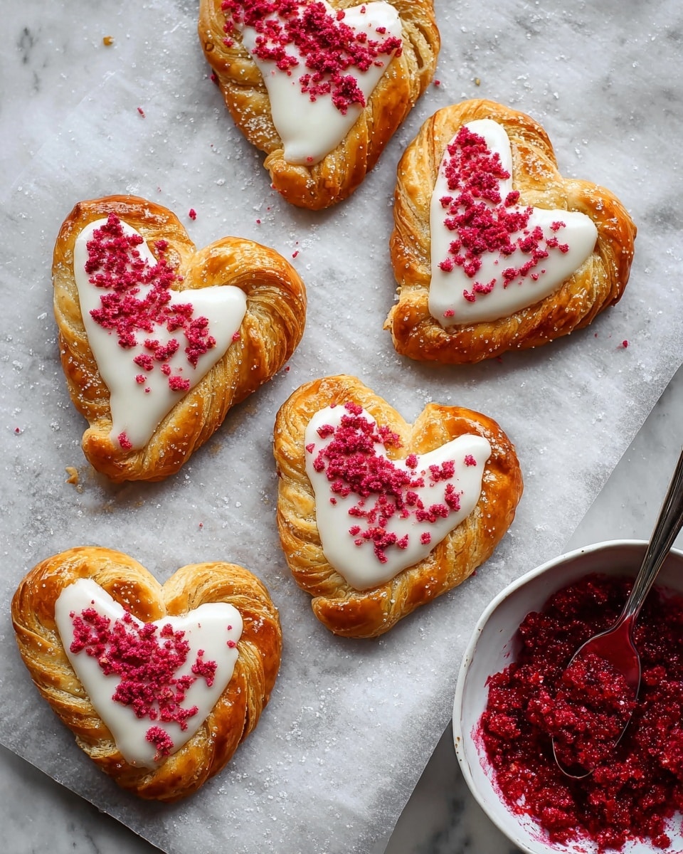 Six heart-shaped puff pastries with a golden brown, crispy, and glossy texture are placed on white parchment paper over a white marbled surface. Each pastry is dipped halfway in smooth white icing and topped with bright red crushed bits, likely freeze-dried raspberries, adding a crunchy texture. In the bottom right corner, a white bowl filled with vibrant red crumbly topping and a spoon adds a pop of color to the scene. The photo taken with an iphone --ar 4:5 --v 7