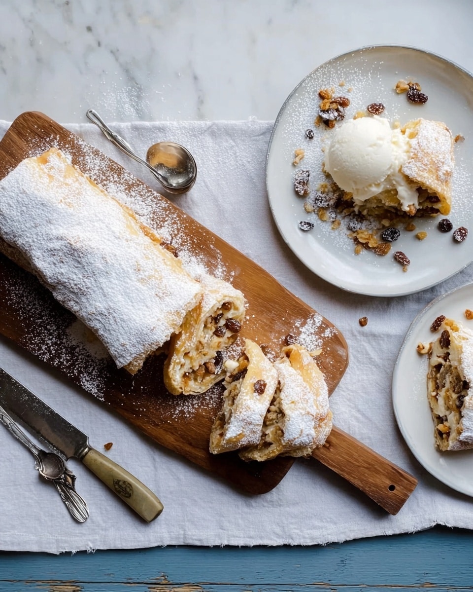 A flaky pastry roll dusted heavily with white powdered sugar sits on a wooden cutting board, partially sliced to reveal golden, thin, crispy layers filled with muted brown nuts and dark raisins; beside it, a small piece with visible crisp, flaky layers rests near a rustic knife with a worn handle. Nearby, two white plates hold uneven pieces of the same pastry, one plain and one topped with a white scoop of creamy ice cream melting slightly, with raisins and nut pieces scattered on and around them. The setting is on a white marbled surface with a white linen cloth under the cutting board and silver spoons placed casually nearby. photo taken with an iphone --ar 4:5 --v 7
