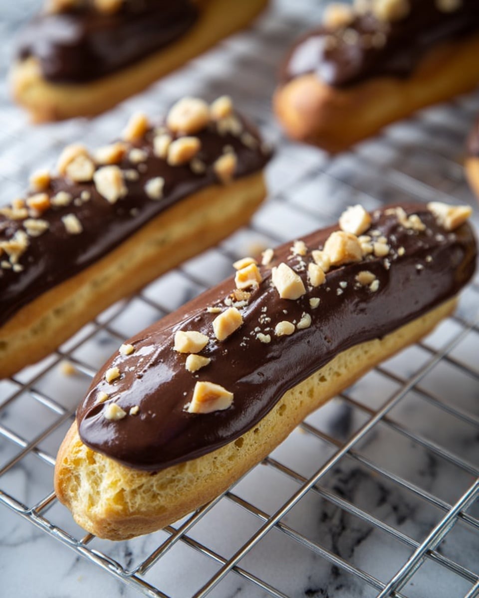 The image shows a single éclair on a cooling rack with a white marbled surface underneath. The éclair has two layers: the bottom layer is a light golden, soft pastry with a slightly puffy texture, and the top layer is a thick, smooth dark chocolate frosting spread unevenly but generously across the top. Small chunks of light brown nuts are sprinkled over the chocolate layer, adding texture and contrast. The éclair is elongated with rounded edges, and other similar éclairs can be seen blurred in the background. photo taken with an iphone --ar 4:5 --v 7