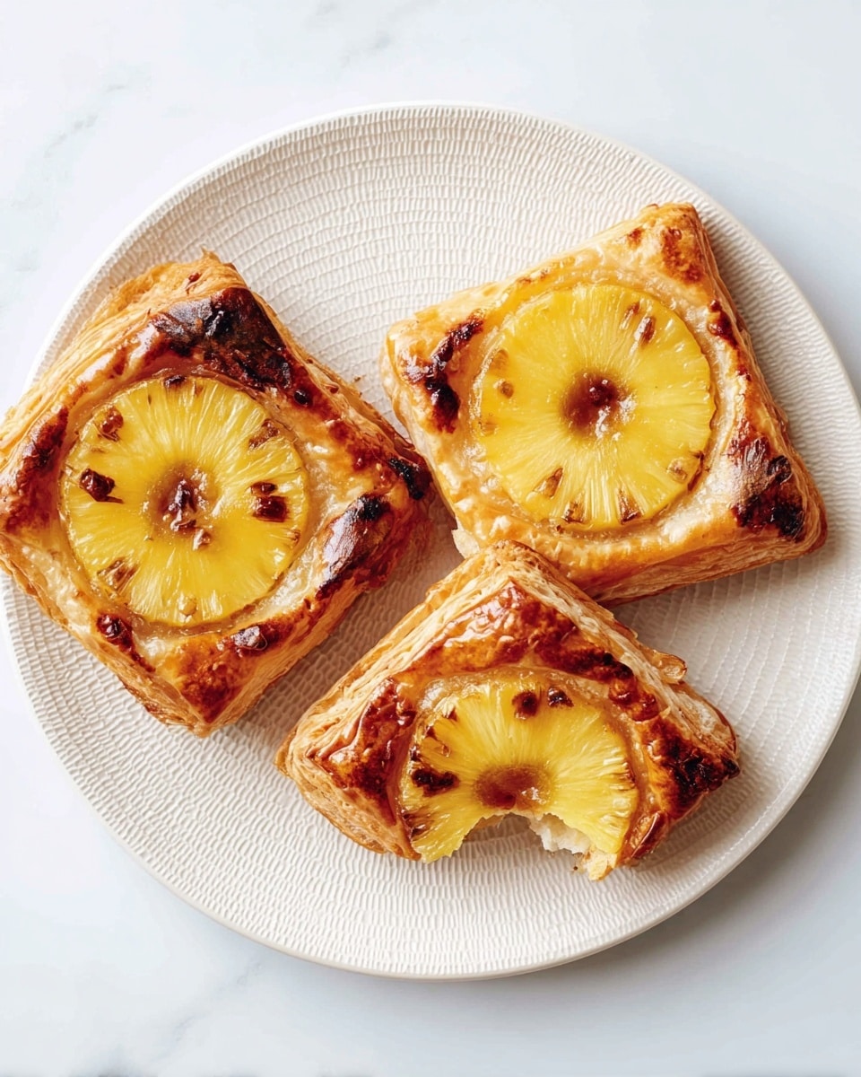Three pineapple pastries sit on a white plate with a subtle textured surface, placed on a white marbled background. Each pastry has one round, bright yellow pineapple ring with slight browning and caramel spots on top. The pineapple is set in the middle of a golden brown, flaky square puff pastry base with folded corners. One pastry has a small bite taken out of it, showing the airy layers of the crust. The edges of the pastries show a mix of crispy brown and lighter golden tones, highlighting the texture. photo taken with an iphone --ar 4:5 --v 7