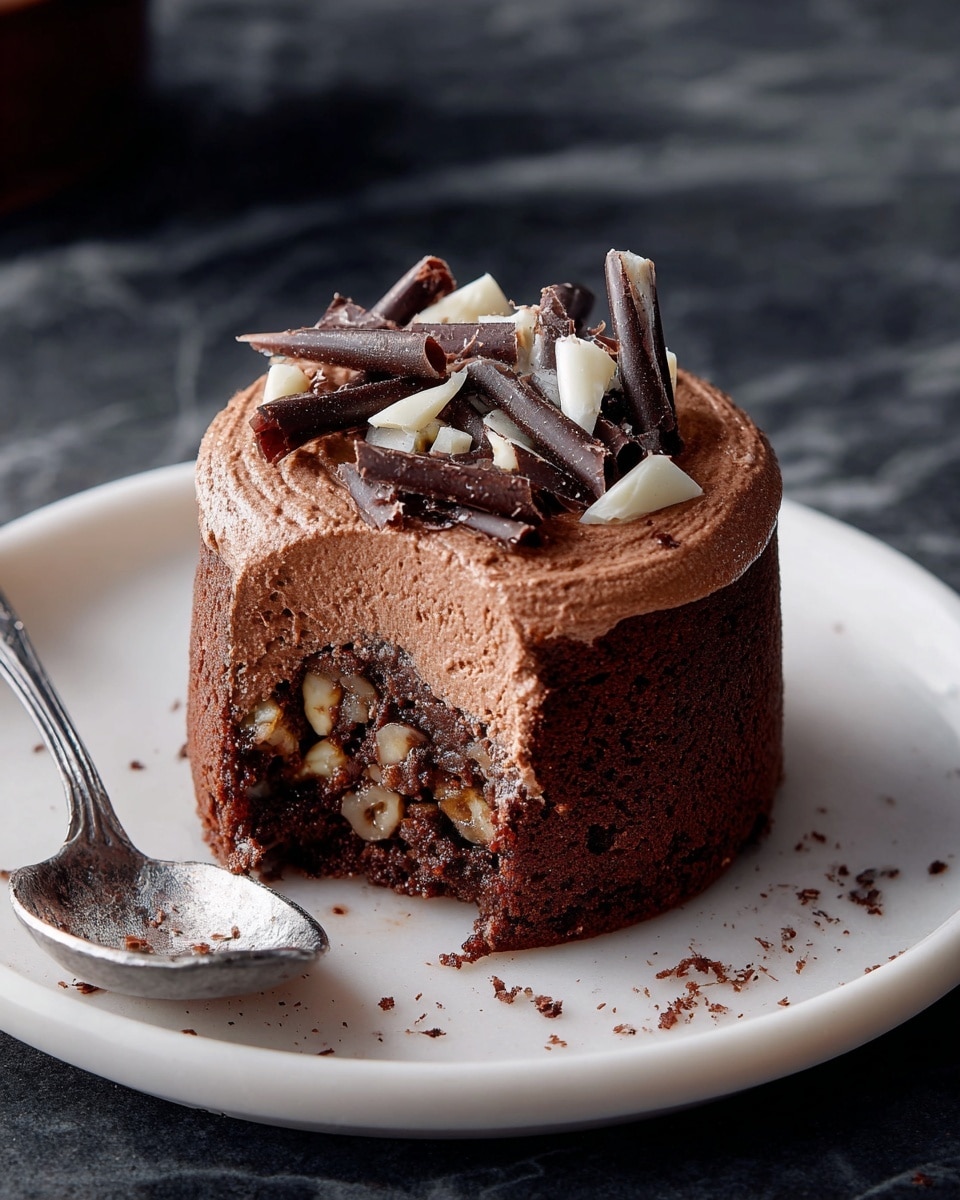The dish is a molten chocolate lava cake placed on a white plate with a soft pink rim. The cake has one clear layer: a dense, dark brown outer cake shell with a rough texture, dusted with white powdered sugar on top. A large portion of the cake is broken open on the right side, showing a thick, glossy, melted chocolate center flowing out. Two silver forks are positioned on the plate, one on the left side leaning on the cake and the other lying flat on the right side with small bits of cake on its tines. The background is a white marbled texture. photo taken with an iphone --ar 4:5 --v 7