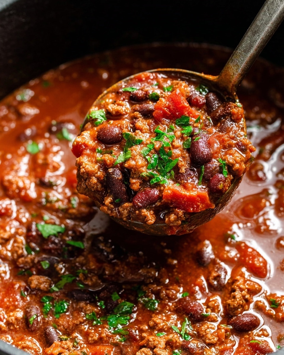 This image shows a close-up of a thick, rich chili with a deep red-brown color, filled with small chunks of ground meat, black beans, and larger pieces of tomato. The chili is garnished with chopped green herbs sprinkled on top. A rustic metal ladle is scooping up a hearty portion of the chili from a dark pot, lifting the textured mix of beans and meat. The sauce looks smooth and shiny, with a slightly oily surface that reflects light. photo taken with an iphone --ar 4:5 --v 7