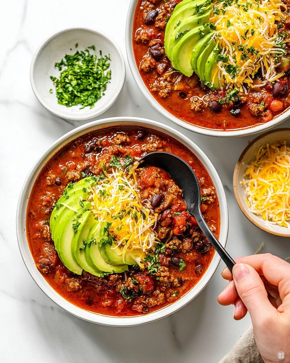 Two white bowls filled with thick chili sit on a white marbled surface. Each bowl shows three main layers: a rich, chunky red chili base with black beans and ground meat, a middle layer of bright shredded yellow and white cheese, and a top layer of avocado slices arranged neatly in a fan shape, sprinkled with chopped green herbs. A woman's hand holds a black spoon scooping up some chili from the front bowl. Nearby is a small white bowl with extra shredded cheese. The scene is bright and fresh, capturing the warmth and heartiness of the meal. photo taken with an iphone --ar 4:5 --v 7