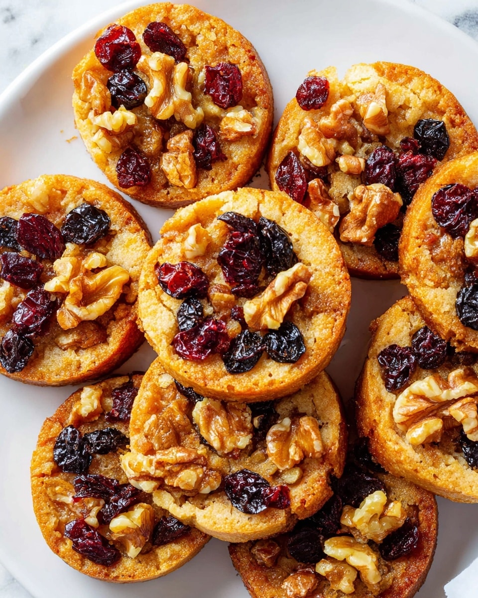 The image shows a group of small round cookies arranged closely on a white plate, placed on a white marbled surface. Each cookie has a golden-brown base with a slightly crumbly texture and is topped with a mix of dark reddish dried cranberries, black raisins, and pieces of light brown walnuts. The toppings are spread unevenly but generously on the flat top surface of the cookies, creating a colorful contrast to the warm base color. The cookies have a slight thickness to them, about one layer high, with the toppings slightly raised above the cookie surface. The overall look is inviting and rustic, highlighting the textures and natural colors of the nuts and dried fruits. Photo taken with an iphone --ar 4:5 --v 7