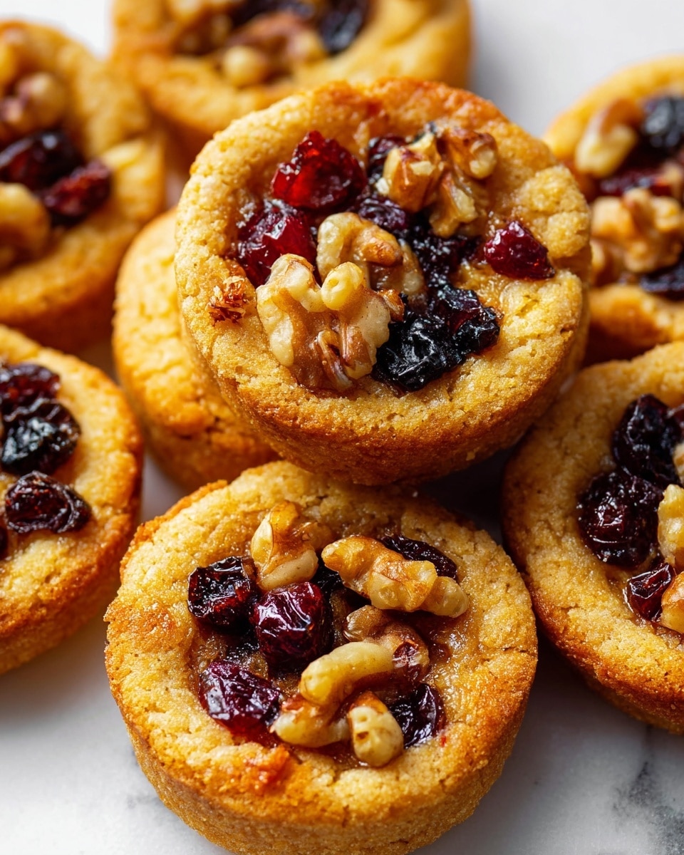 Several golden-brown cookies are stacked closely together on a white marbled surface. Each cookie has a rough, crumbly texture with a slightly raised edge forming a shallow cup shape. Inside this cup is a colorful mix of deep red dried cranberries, dark purple raisins, and light brown walnut pieces, all glossy as if coated with a thin syrup. The contrast between the golden cookie base and the rich, shiny fruit and nut topping makes the details stand out clearly. photo taken with an iphone --ar 4:5 --v 7