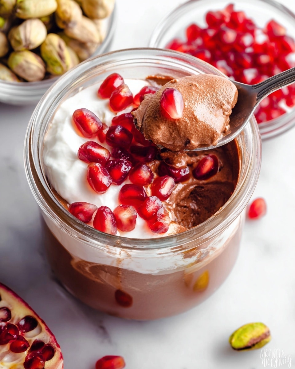 A close-up view of a glass jar filled with creamy chocolate mousse as the bottom layer, smooth and rich brown in color. On top of the mousse is a layer of white whipped cream, soft and fluffy, slightly melting into the chocolate. Bright red, shiny pomegranate seeds are scattered over the whipped cream, adding vibrant color and texture. A spoon is scooping a portion of the mousse and cream, lifting some of the bright seeds. Around the jar, there are whole pistachios and a small clear bowl with more pomegranate seeds on a white marbled surface. Photo taken with an iphone --ar 4:5 --v 7