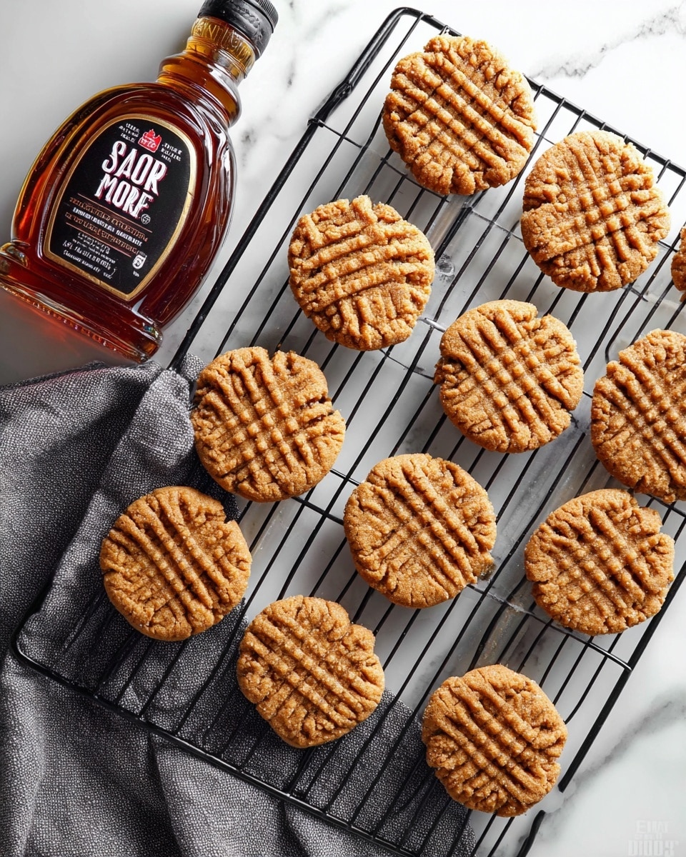 The image shows a cooling rack with twelve round, golden-brown cookies that have a textured surface with a crisscross fork pattern on top, arranged neatly on a black wire rack. The cookies have a slightly rough texture indicating a soft, chewy inside. To the left of the rack, there is a bottle of dark amber maple syrup with a bright, clear label. Underneath the rack and syrup bottle is a gray cloth, all placed on a white marbled surface that highlights the warm colors of the cookies and syrup. Photo taken with an iphone --ar 4:5 --v 7