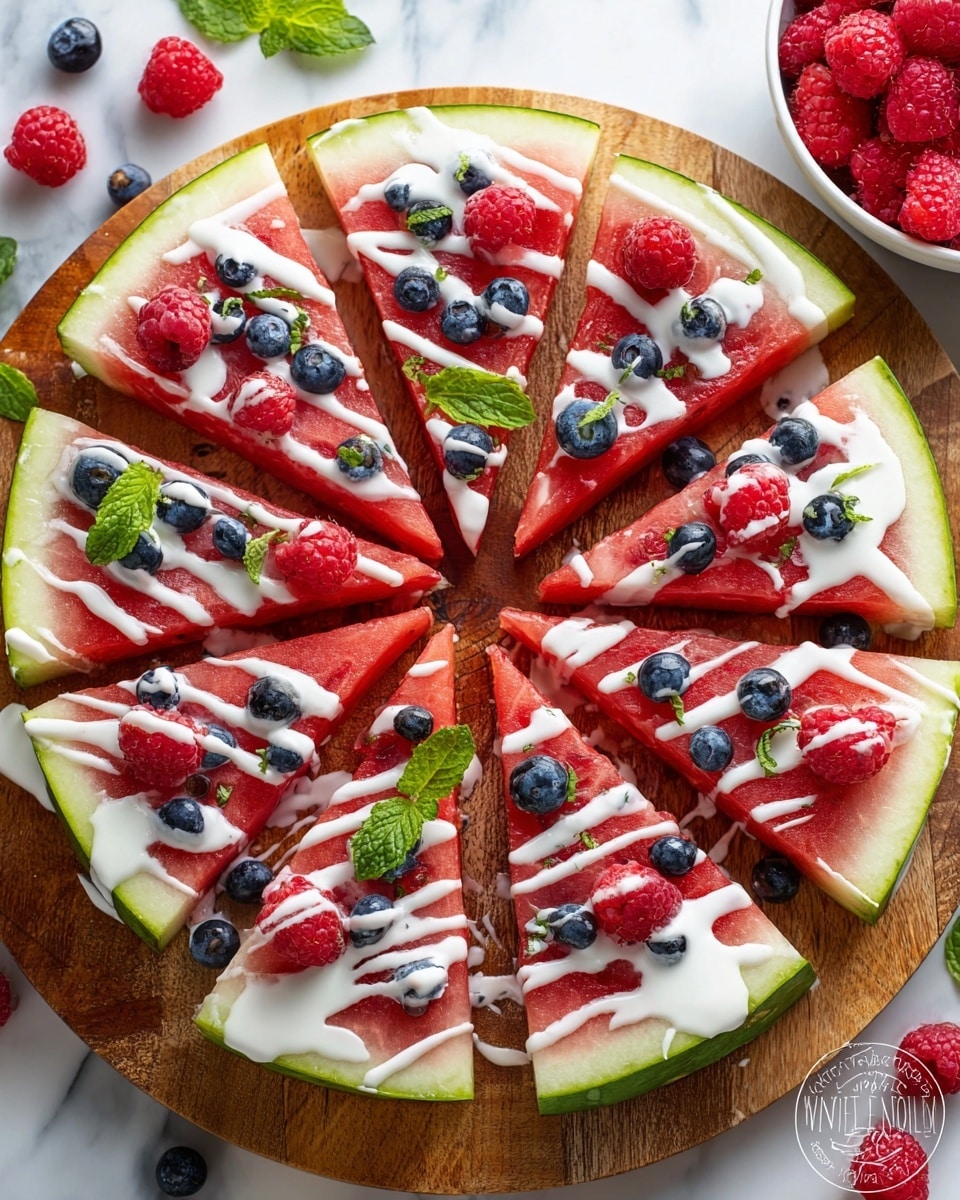 A round watermelon slice cut into eight triangular pieces arranged like a pizza on a wooden board, each slice showing three visible layers: the green rind on the edge, a thin white inner rind, and the thick, bright red juicy flesh as the main base. White yogurt or cream sauce is drizzled lightly over each slice in streaks. Red raspberries and dark blue blueberries are scattered evenly across all slices, adding bright color and texture. Small green mint leaves are also scattered on top and between the berries, adding freshness and contrast. Around the watermelon pizza, a few loose berries and mint leaves rest on the white marbled surface. A white bowl filled with more red raspberries is visible in the top right corner of the image. Photo taken with an iphone --ar 4:5 --v 7