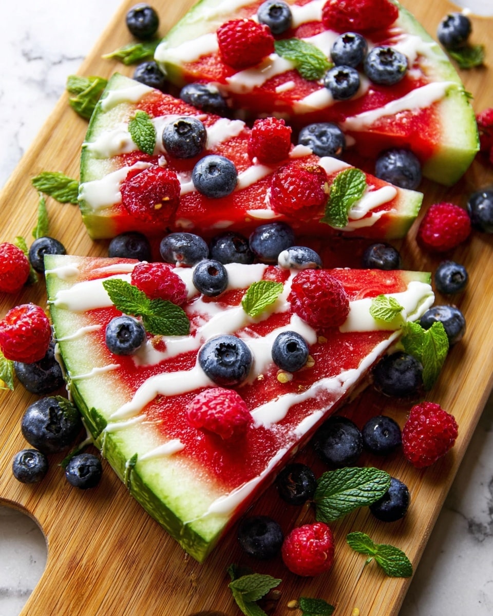 The image shows three thick watermelon slices placed side by side on a wooden board, each slice with a green rind, white inner rind, and bright red juicy flesh. On top of the watermelon slices, there are drizzles of white cream, scattered fresh blueberries and raspberries, and small green mint leaves, creating a colorful and fresh look. Around the watermelon on the wooden board, extra blueberries and raspberries are spread, adding more color and texture, with a sprig of mint leaves placed near the watermelon edges. The background is a white marbled texture. photo taken with an iphone --ar 4:5 --v 7