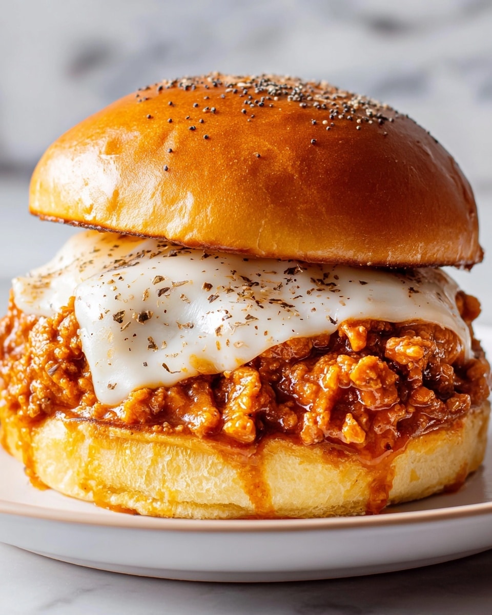 The image shows a close-up of a sandwich with three main layers, placed on a white plate with a white marbled background. The bottom layer is a toasted, golden-brown bun that looks soft but slightly crispy on the edges. On top of the bun is a thick layer of chunky, glossy orange ground meat sauce that looks rich and moist. Above the sauce is a generous layer of smooth, white melted cheese sprinkled with black pepper. The sandwich is topped with a shiny, golden-brown bun sprinkled with black pepper, completing the stack. photo taken with an iphone --ar 4:5 --v 7