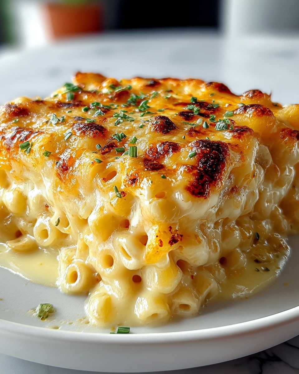 A close-up of a single square piece of macaroni and cheese served on a white plate, showing three main layers: the bottom layer made of creamy, pale yellow cheese sauce mixed with elbow macaroni, the middle layer of soft, cooked macaroni covered in smooth cheese sauce, and the top layer of melted cheese browned to a golden, bubbly texture with crispy spots; small green herb pieces are sprinkled on top for color contrast, and some cheese sauce is oozing slightly onto the plate. The background is softly blurred with a white marbled texture surface. Photo taken with an iphone --ar 4:5 --v 7