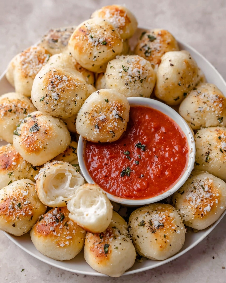 The image shows a white plate with many small, golden-baked garlic knots arranged around a small white bowl of bright red marinara sauce. Each knot has a light, smooth texture and is topped with bits of garlic, herbs, and a sprinkle of grated cheese, giving a slightly rough look on top. The marinara sauce looks thick with a few specks of herb and cheese garnish floating on the surface. Some garlic knots are broken open, showing a soft, fluffy inside that contrasts with the golden outside. The plate sits on a white marbled textured surface. photo taken with an iphone --ar 4:5 --v 7