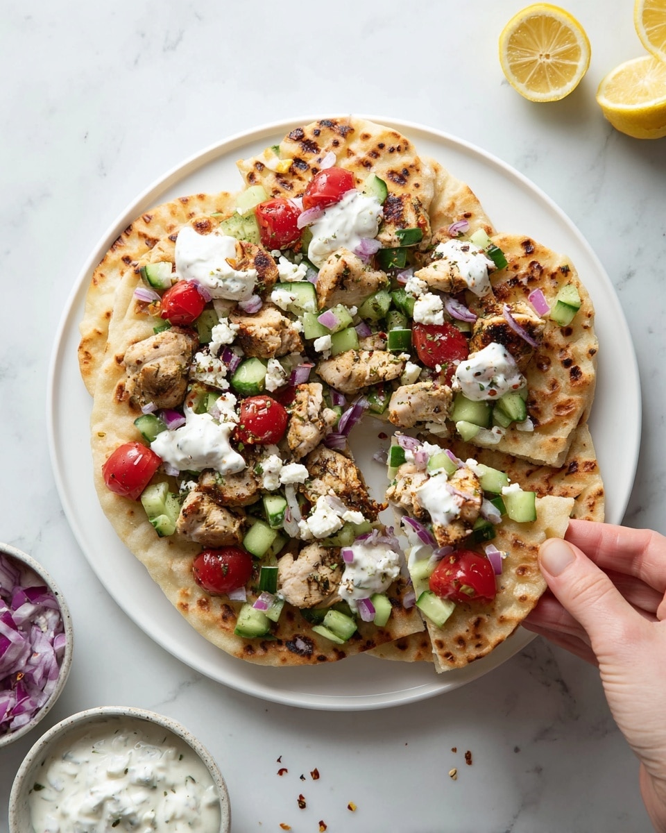 A white plate holds a layered flatbread dish with two visible layers of round, toasted flatbreads stacked slightly offset. On top, chunks of cooked chicken with a light brown seasoning are spread out. Scattered diced green cucumber, chopped red onions, and halved bright red cherry tomatoes add color. Dollops of white creamy sauce are placed over the chicken and vegetables, along with small crumbles of white cheese. A woman's hand is holding one piece of the top flatbread with toppings. Around the plate are small white bowls with extra creamy sauce and diced red onions, and lemon wedges are partly visible on a white marbled surface. Photo taken with an iphone --ar 4:5 --v 7
