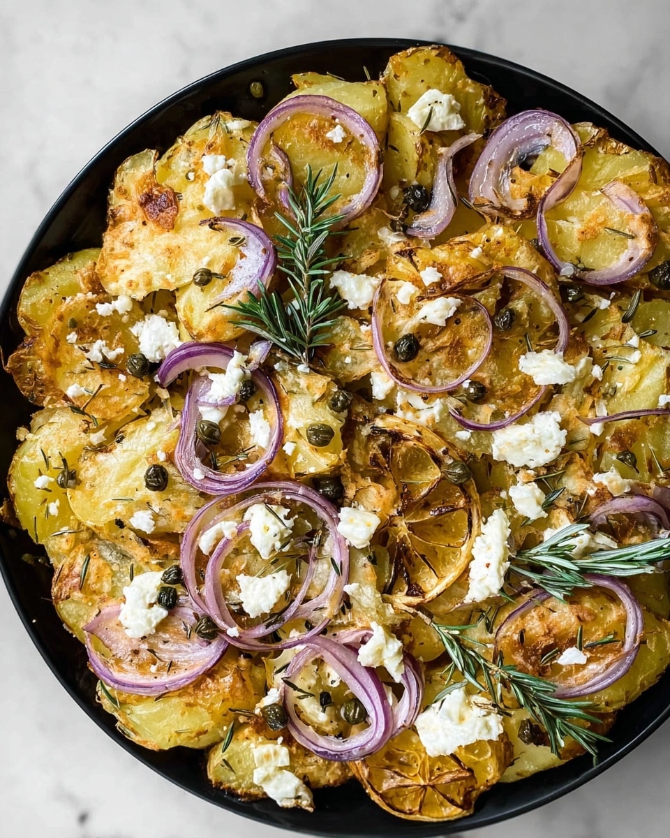 The image shows a dish with a base of smashed golden-brown roasted potatoes that have a slightly crispy texture and some soft, broken parts. On top, thin rings of purple-red onion are scattered evenly, adding a pop of color and a crisp texture. Small white chunks of cheese are sprinkled throughout, contrasting with the potatoes. Green rosemary sprigs are placed around for decoration and flavor, along with tiny dark capers that add detail. There are also roasted garlic cloves and a few grilled lemon wedges with browned edges, adding visual warmth and brightness. The whole dish sits on a white marbled surface, giving a clean and fresh look. Photo taken with an iphone --ar 4:5 --v 7
