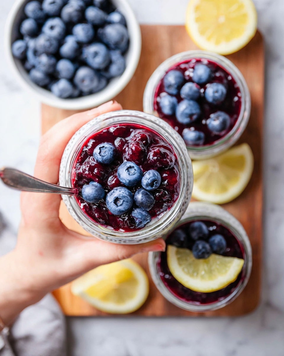 A close-up top view of a glass jar held by a woman's hand, filled with a dessert layered in three parts: the bottom layer is creamy white chia pudding with visible chia seeds, the middle layer is a bright deep red-purple blueberry sauce with whole blueberries immersed in it, and the top layer is fresh, plump blueberries with a glossy texture. In the background, there are three more similar jars on a light wooden cutting board, each also showing layers of white chia pudding, dark red sauce, blueberries, and a thin bright yellow lemon slice for garnish. To the upper left, there is a white bowl filled to the brim with fresh blueberries, all placed on a white marbled textured surface. Photo taken with an iphone --ar 4:5 --v 7