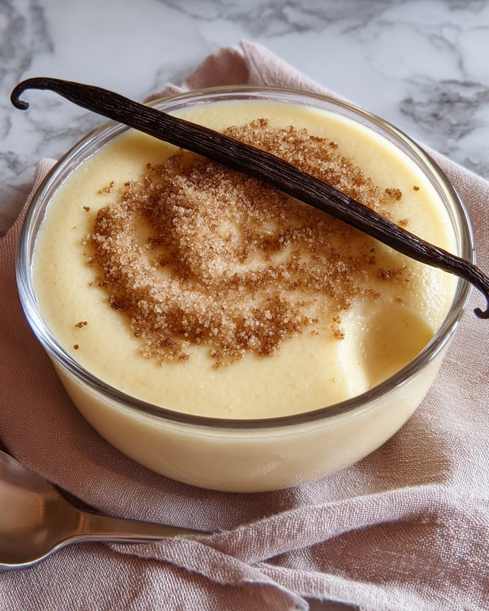 A clear glass bowl filled with a thick, creamy pale yellow custard, topped with a loose circle of coarse light brown sugar and cinnamon powder. A dark brown vanilla bean pod rests diagonally on the top edge of the custard. The bowl sits on a soft light pink cloth, all set against a white marbled surface. photo taken with an iphone --ar 4:5 --v 7