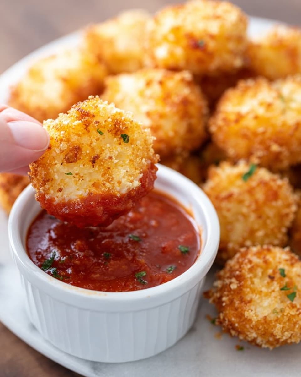 A close-up image showing a woman's hand holding a golden-brown, crispy, round fried cheese bite half dipped in thick red marinara sauce in a small white ramekin bowl with visible herb bits, placed on a white marbled surface. In the blurred background, there is a white plate piled with multiple similar fried cheese bites, showing their rough, crunchy texture. The lighting highlights the warm colors and textures of the food. photo taken with an iphone --ar 4:5 --v 7