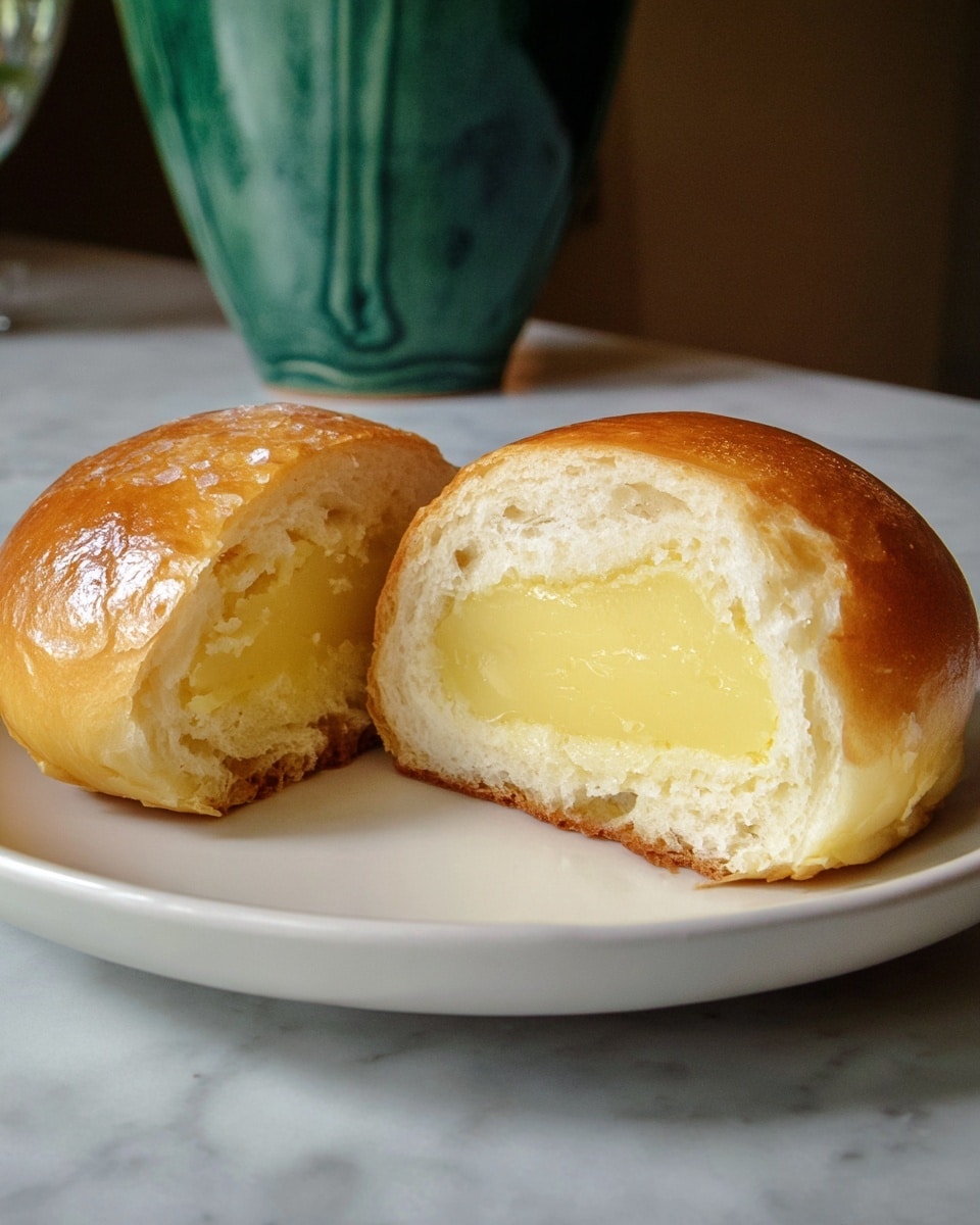 A golden-brown round bun is cut in half and placed on a white plate, showing a smooth, light yellow custard filling inside. The bun’s outer layer is shiny and slightly crispy, while the inner bread is soft and white with a fluffy texture. The custard forms one thick, even layer in the center of the bun, contrasting with the bread’s soft color and texture. The background features a white marbled surface and a blurred large green ceramic vase. Photo taken with an iphone --ar 4:5 --v 7