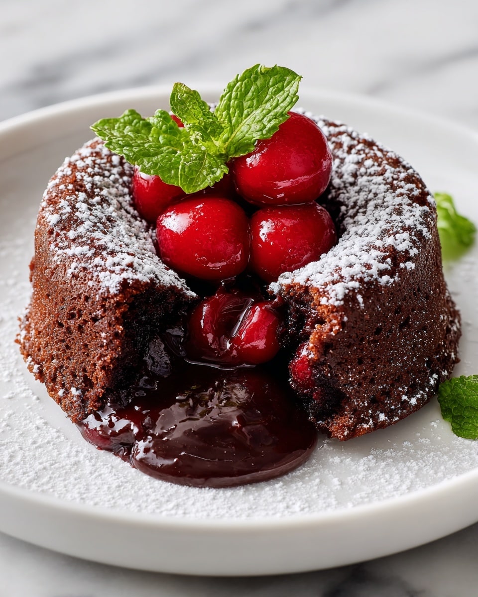 A chocolate lava cake with a cracked top, showing thick melted chocolate flowing out from inside, sits on a white plate dusted with powdered sugar. Inside the cake’s hollow center, bright red cherries are stacked, topped with fresh green mint leaves. The cake’s outer texture is rough and crumbly with a dark brown color, while the melted chocolate inside is smooth and glossy. The plate rests on a white marbled surface. photo taken with an iphone --ar 4:5 --v 7