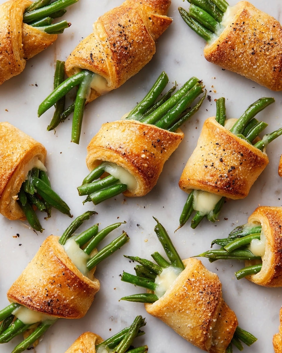 The image shows several golden brown crescent rolls on a white marbled surface, each wrapped around a small bunch of bright green cooked green beans. Inside each crescent roll, there is a layer of melted white cheese that peeks out slightly, adding a creamy texture to the crispy roll. The green beans are tightly bundled and visible from the open ends of the crescent rolls. The tops of the rolls are sprinkled with coarse salt and black pepper, giving them a speckled look. The overall arrangement of the crescent rolls forms a scattered pattern across the surface. photo taken with an iphone --ar 4:5 --v 7