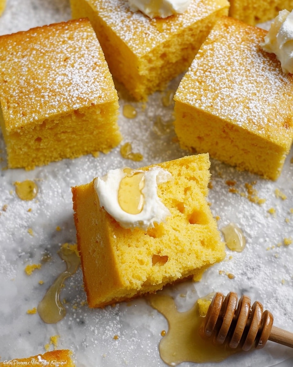 Several square, soft yellow cornbread pieces lie on white parchment paper over a white marbled surface. One cornbread square in the center has a bite taken out, showing a fluffy texture with many small layers inside. A dollop of white butter melting on top is drizzled with golden honey. Powdered sugar is lightly sprinkled over some squares. A wooden honey dipper with honey rests near the cornbread, adding a natural touch to the scene. Photo taken with an iphone --ar 4:5 --v 7