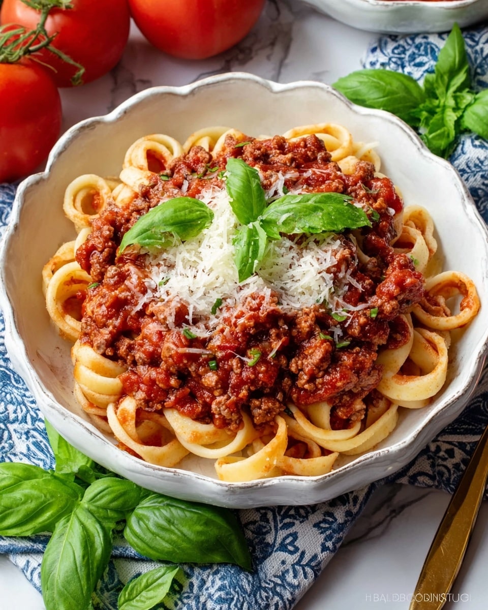 A white scalloped bowl holds thick, twisted pasta noodles topped with chunky red tomato meat sauce. The sauce has bits of ground meat mixed in, covering parts of the noodles. Shredded white cheese is scattered over the center, with fresh green basil leaves placed on top and around the dish as garnish. The bowl sits on a white marbled surface with a blue and white patterned cloth nearby and fresh tomatoes with green stems in the background. photo taken with an iphone --ar 4:5 --v 7