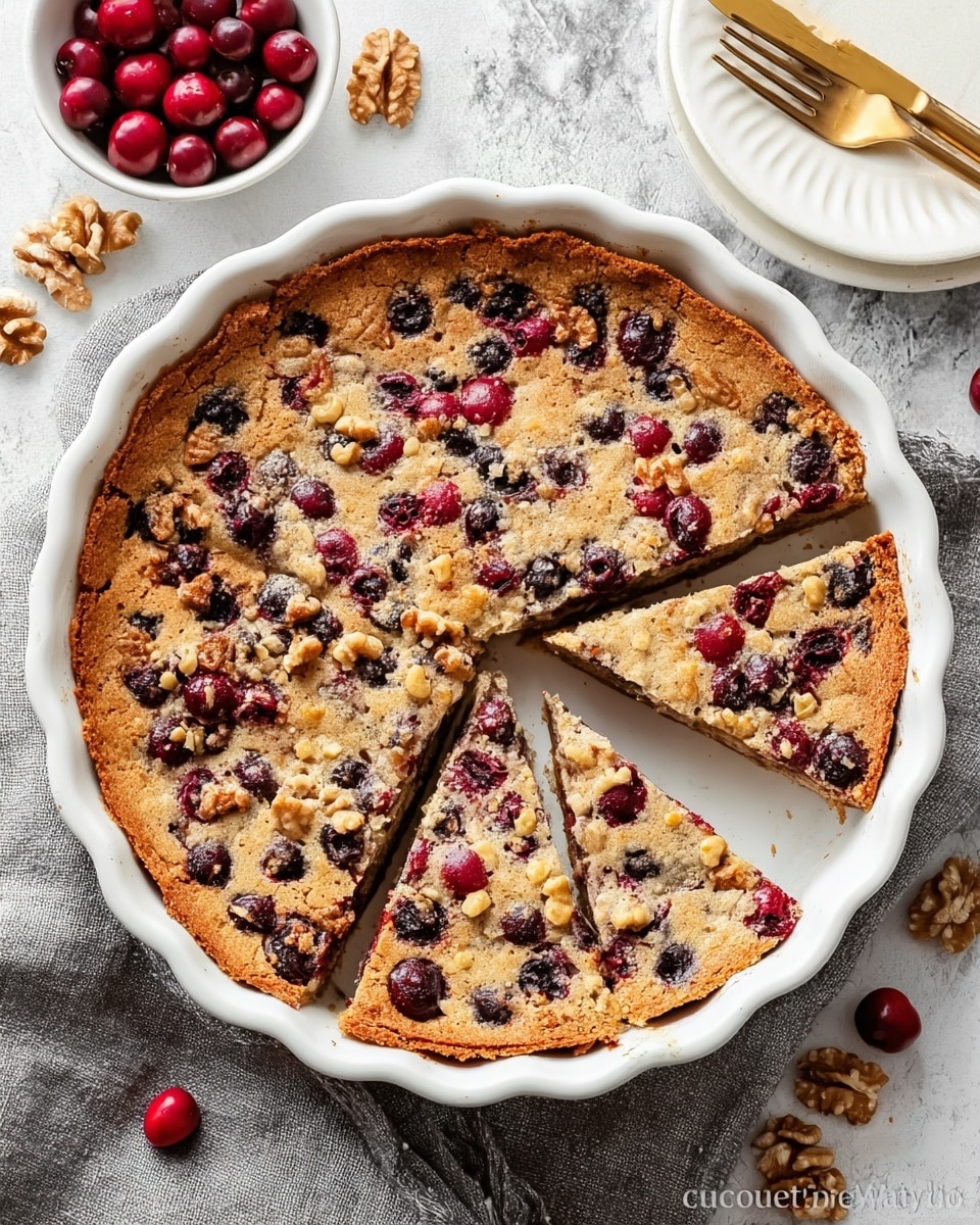 A white ceramic pie dish holds a round baked dessert cut into four slices, with one slice slightly pulled out. The dessert has a golden-brown crust with a rough texture and is filled with scattered dark red and black cherries throughout the top layer. The surface shows a mix of light browns and red fruits, creating a speckled, rustic look. Around the dish, there are some walnuts and cherries on a white marbled surface, with a white plate holding a golden fork nearby. A grey cloth is partially visible underneath the dish. photo taken with an iphone --ar 4:5 --v 7
