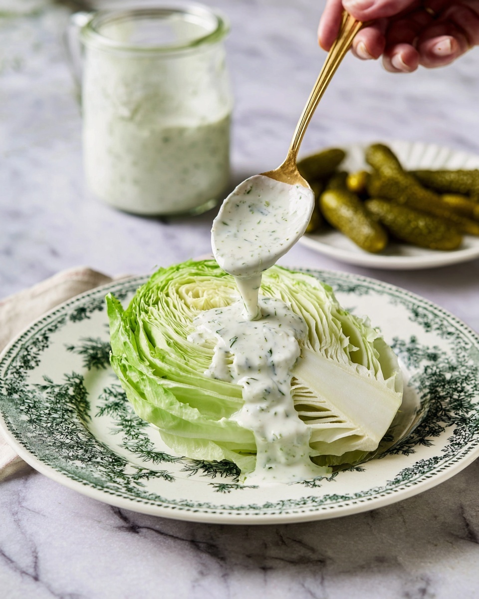 A green wedge of iceberg lettuce with crisp, tightly layered pale green and white leaves sits centered on a white plate with a dark green floral pattern around its edge. Thick, creamy white dressing with specks of herbs is being poured generously from a gold-tinted spoon held by a woman's hand onto the top of the lettuce wedge, covering the upper leaves with a smooth texture. In the background, there is a clear jar filled with the same dressing, and a small white plate holding several crinkled pickle slices. The setting is on a white marbled surface. photo taken with an iphone --ar 4:5 --v 7