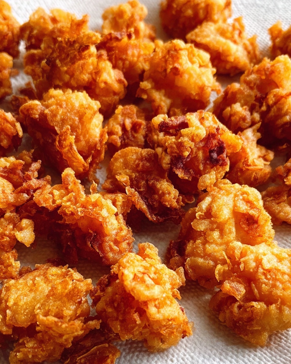 The image shows many small pieces of crispy, golden-brown fried food scattered closely together. Each piece has a rough, crinkly texture with some parts darker and crunchier, showing uneven shapes and sizes. The pieces rest on a white, slightly textured surface that helps highlight their warm, deep-fried color and crunchy look. photo taken with an iphone --ar 4:5 --v 7