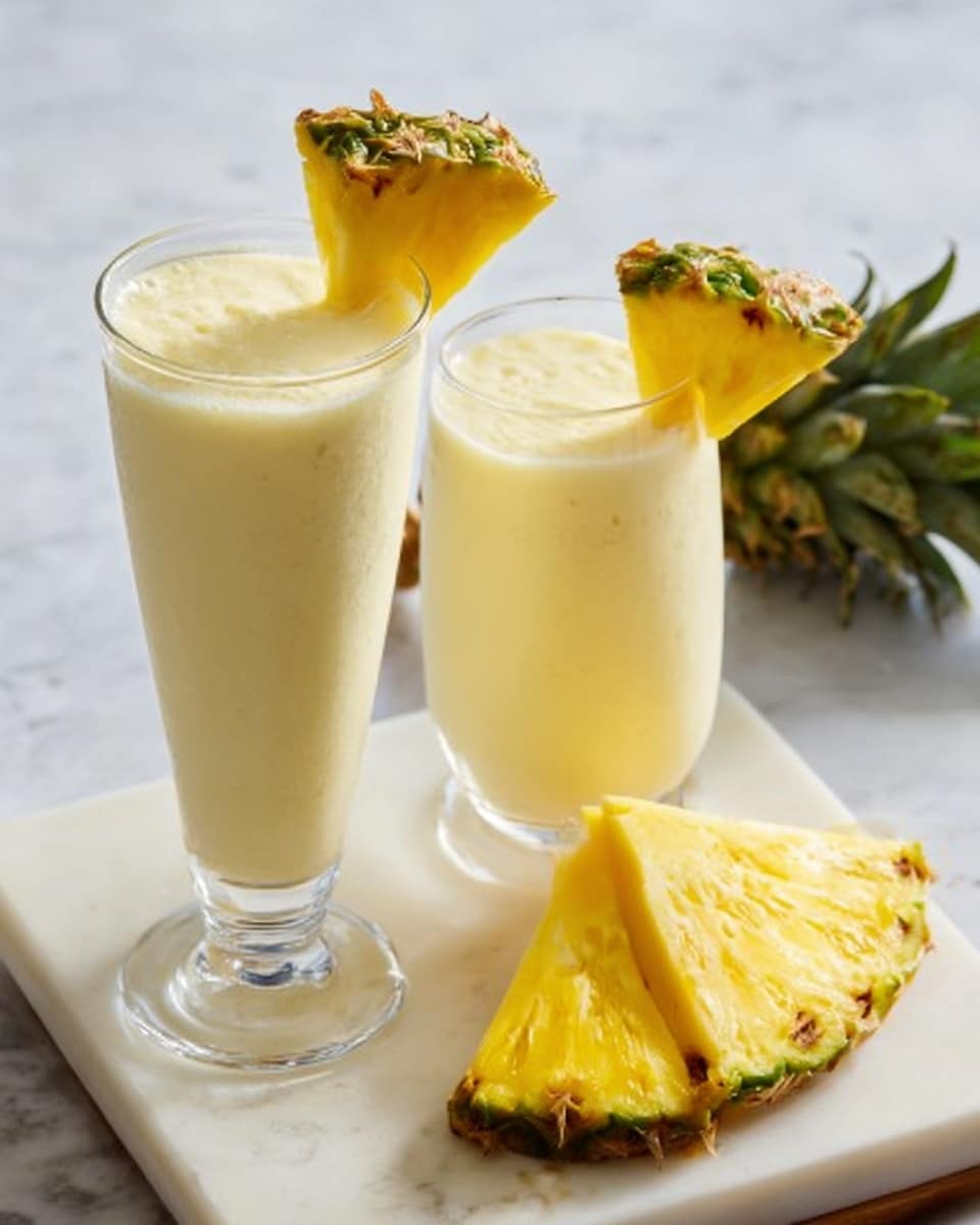 Two tall clear glasses filled with a creamy, light yellow smoothie. Each glass is garnished with a fresh, bright yellow pineapple wedge with green-tipped edges placed on the rim. Behind the glasses, a white marbled surface holds a white cutting board with several large pineapple wedges, showing the vibrant yellow pineapple flesh and rough greenish-brown skin. The scene is softly lit, emphasizing the smooth texture of the drink and the juicy, fresh appearance of the pineapple. Photo taken with an iphone --ar 4:5 --v 7